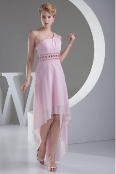 High Low One-Shoulder Beaded Pink Chiffon Prom Evening Dresses ED010788