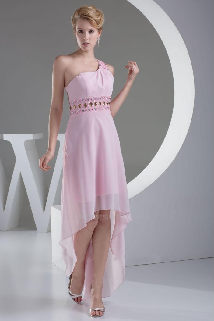 High Low One-Shoulder Beaded Pink Chiffon Prom Evening Dresses ED010788