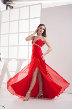 Sheath Beaded Straps Split-Front Long Red Chiffon Prom Evening Dresses ED010798