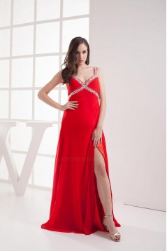 Sheath Beaded Straps Split-Front Long Red Chiffon Prom Evening Dresses ED010798