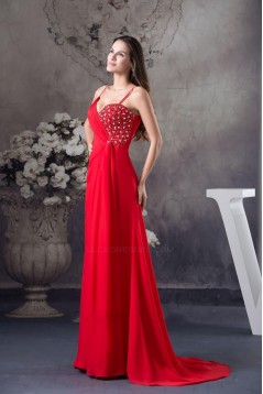 A-Line Spaghetti Strap Long Red Chiffon Beaded Prom Evening Dresses ED010802