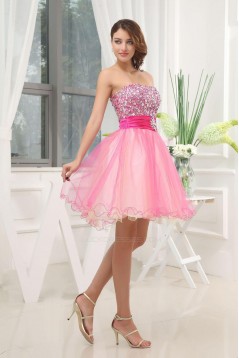 A-Line Strapless Beaded Short Tulle Prom Evening Dresses ED010815