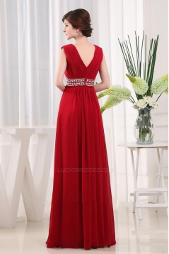 A-Line Beaded Long Red Chiffon Prom Evening Dresses ED010817