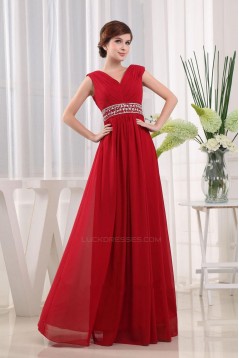A-Line Beaded Long Red Chiffon Prom Evening Dresses ED010817