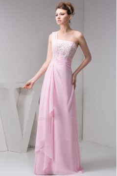 A-Line One-Shoulder Long Pink Chiffon Prom Evening Dresses ED010826