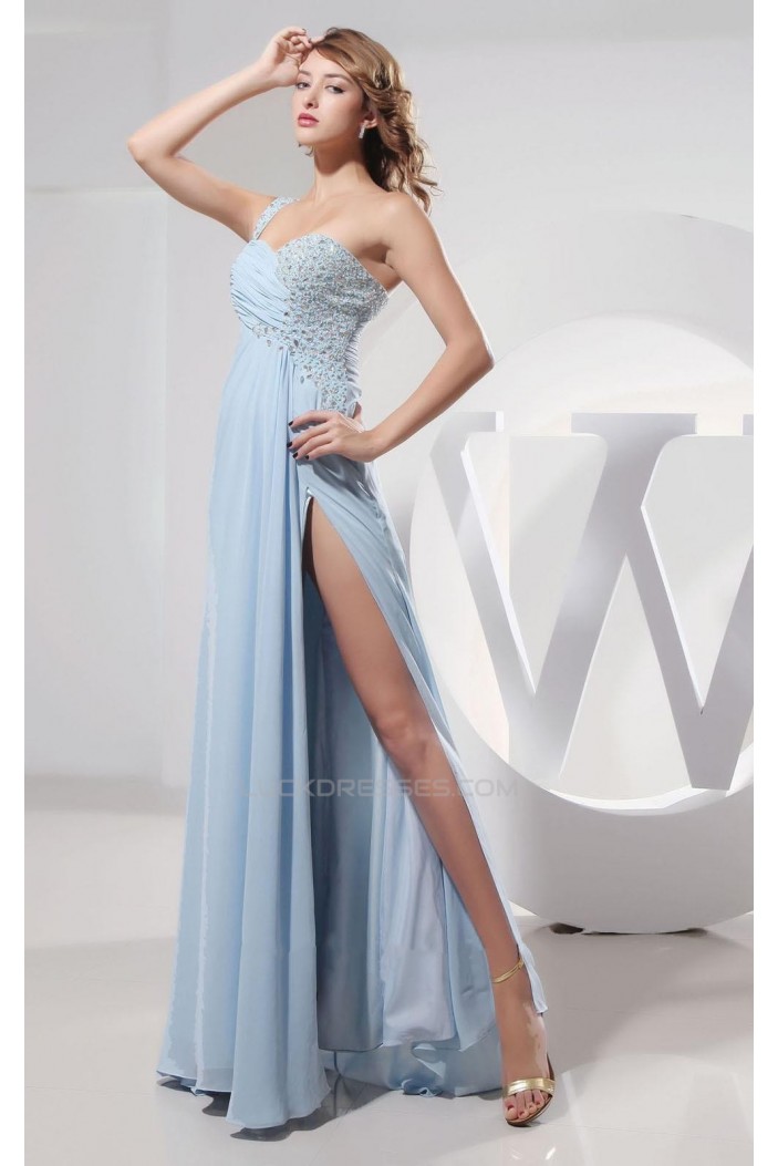 Sheath One-Shoulder Beaded Split-Front Long Chiffon Prom Evening Dresses ED010830