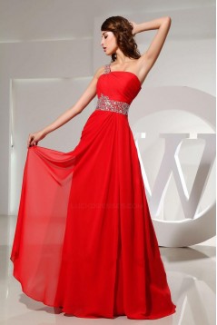 A-Line One-Shoulder Beaded Long Red Chiffon Prom Evening Dresses ED010831