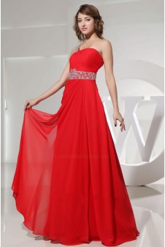 A-Line One-Shoulder Beaded Long Red Chiffon Prom Evening Dresses ED010831