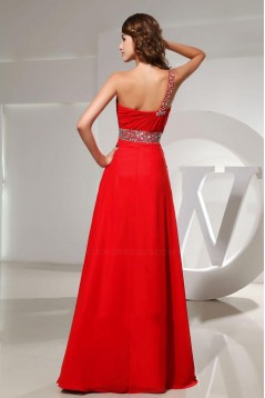 A-Line One-Shoulder Beaded Long Red Chiffon Prom Evening Dresses ED010831