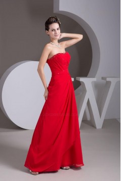 A-Line Strapless Beaded Long Red Chiffon Prom Evening Dresses ED010836