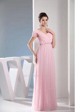 A-Line Cap Sleeve Long Pink Chiffon Prom Evening Dresses ED010850
