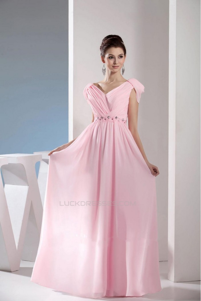 A-Line Cap Sleeve Long Pink Chiffon Prom Evening Dresses ED010850