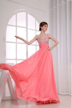 A-Line Beaded Straps Long Chiffon Prom Evening Formal Dresses ED010855