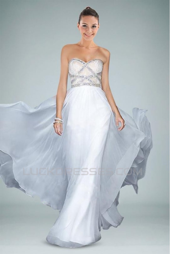 A-Line Sweetheart White Beaded Long Chiffon Prom Evening Formal Dresses ED010858