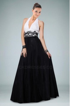 A-Line Halter Black White Long Prom Evening Formal Dresses ED010867