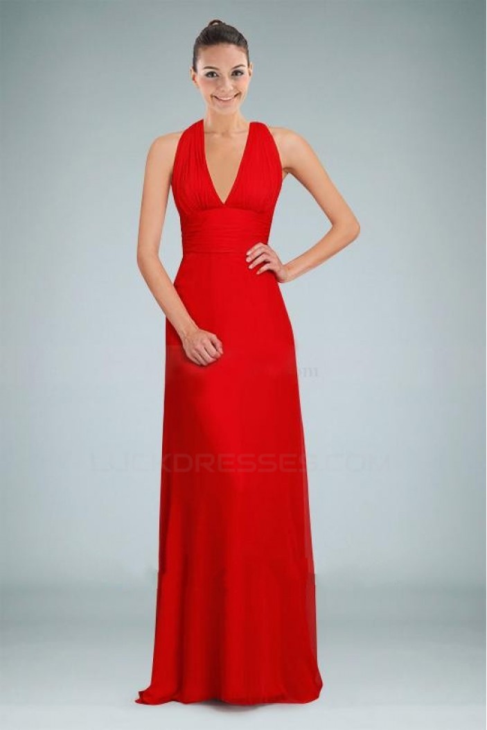 V-Neck Red Long Chiffon Prom Evening Formal Bridesmaid Dresses ED010874