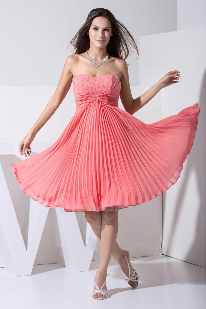 A Line Strapless Beaded Pleated Short Chiffon Prom Evening Formal Dresses Ed010906 