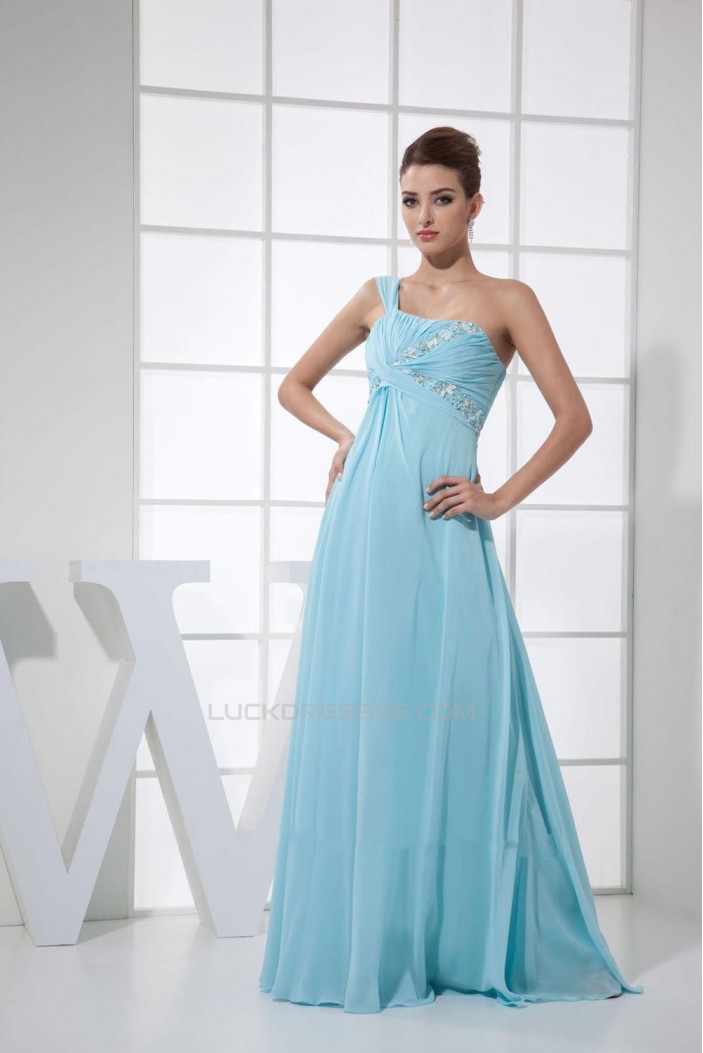 Empire One-Shoulder Beaded Blue Long Chiffon Prom Evening Formal ...