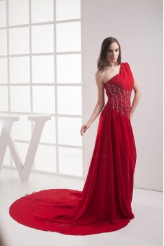 A-Line One-Shoulder Beaded Red Long Chiffon Prom Evening Formal Dresses ED010911