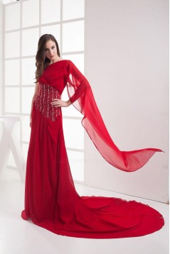 A-Line One-Shoulder Beaded Red Long Chiffon Prom Evening Formal Dresses ED010911