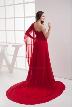 A-Line One-Shoulder Beaded Red Long Chiffon Prom Evening Formal Dresses ED010911