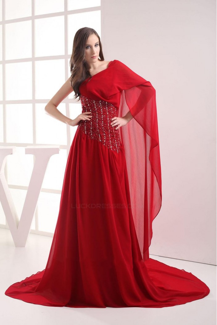 A-Line One-Shoulder Beaded Red Long Chiffon Prom Evening Formal Dresses ED010911