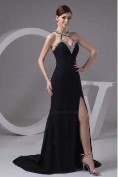 Beaded Sweetheart Split-Front Black Long Chiffon Prom Evening Formal Dresses ED010915