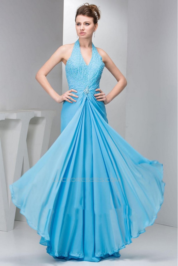 Sheath/Column Halter Beaded Blue Long Chiffon Prom Evening Formal Dresses ED010920