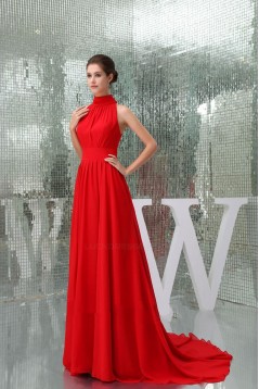 A-Line High-Neck Long Red Chiffon Prom Evening Formal Dresses ED010924