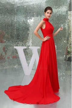 A-Line High-Neck Long Red Chiffon Prom Evening Formal Dresses ED010924