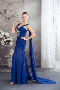 Sheath V-Neck Beaded Blue Long Chiffon Prom Evening Formal Dresses ED010931