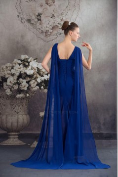 Sheath V-Neck Beaded Blue Long Chiffon Prom Evening Formal Dresses ED010931