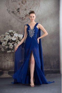 Sheath V-Neck Beaded Blue Long Chiffon Prom Evening Formal Dresses ED010931