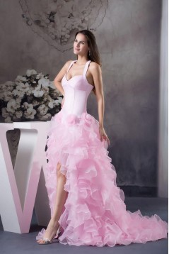 Halter Ruffle Long Pink Prom Evening Formal Dresses ED010933