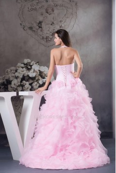 Halter Ruffle Long Pink Prom Evening Formal Dresses ED010933