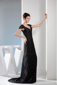 Long Black Cap Sleeve Beaded Lace Prom Evening Formal Dresses ED010935