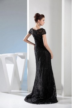 Long Black Cap Sleeve Beaded Lace Prom Evening Formal Dresses ED010935