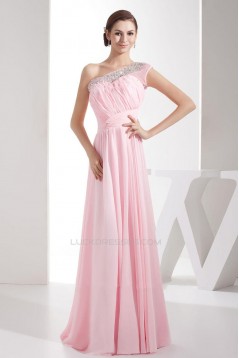 A-Line One-Shoulder Beaded Pink Long Chiffon Prom Evening Formal Dresses ED010936