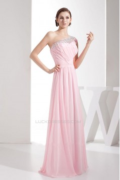 A-Line One-Shoulder Beaded Pink Long Chiffon Prom Evening Formal Dresses ED010936