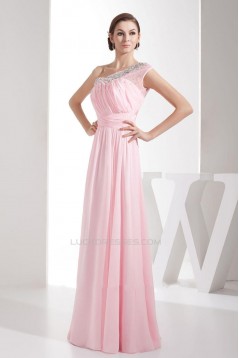 A-Line One-Shoulder Beaded Pink Long Chiffon Prom Evening Formal Dresses ED010936