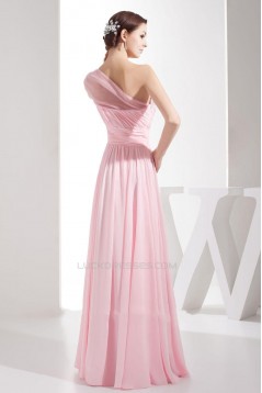 A-Line One-Shoulder Beaded Pink Long Chiffon Prom Evening Formal Dresses ED010936