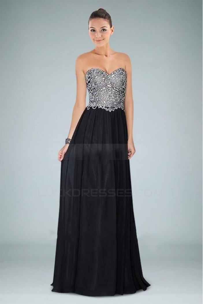 Sheath/Column Beaded Sweetheart Long Black Chiffon Prom Evening Formal Dresses ED010942