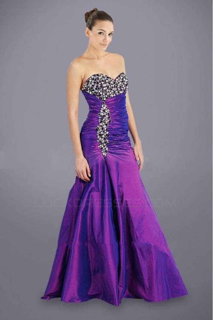 Beaded Long Purple Taffeta Sweetheart Prom Evening Formal Dresses ED010946