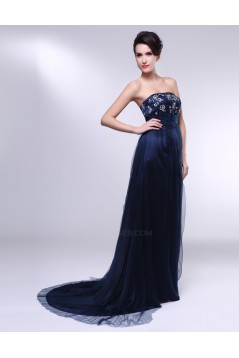 A-Line Strapless Navy Blue Long Prom Evening Formal Dresses ED010967