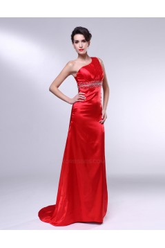 Sheath One-Shoulder Beaded Long Red Prom Evening Formal Dresses ED010968