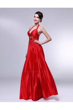 A-Line Halter Beaded Pleated Long Red Prom Evening Formal Dresses ED010970