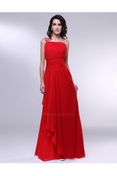 A-Line One-Shoulder Beaded Long Red Chiffon Prom Evening Formal Dresses ED010977