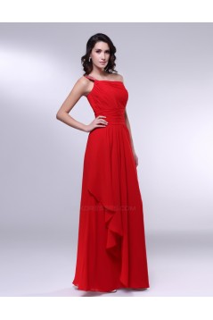 A-Line One-Shoulder Beaded Long Red Chiffon Prom Evening Formal Dresses ED010977