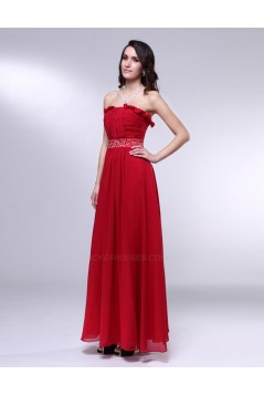 A-Line Strapless Beaded Long Red Chiffon Prom Evening Formal Dresses ED010979