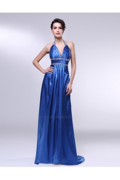 A-Line Halter Beaded Long Blue Prom Evening Formal Dresses ED010981